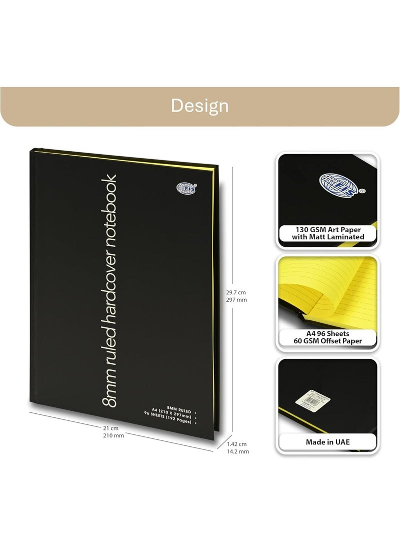 FIS Hard Cover Notebook, Glued Binding, A4 Size(210x297mm), 96 Sheets, 192 Pages, Pastel Cyber Yellow Color Paper with 8mm Single Line Ruling, Packet of 5 Pieces, Black Cover Design-FSNBA4SL96PCYL - Image 2